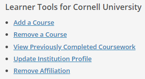 Learner tools for Cornell University with add a course circled to show user what to click