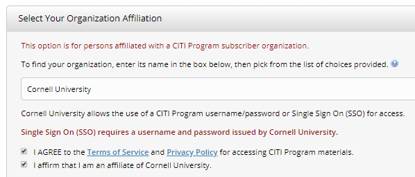 Picture showing how to select your organization affiliation. Select Cornell university and click the two check boxes at the bottom. 